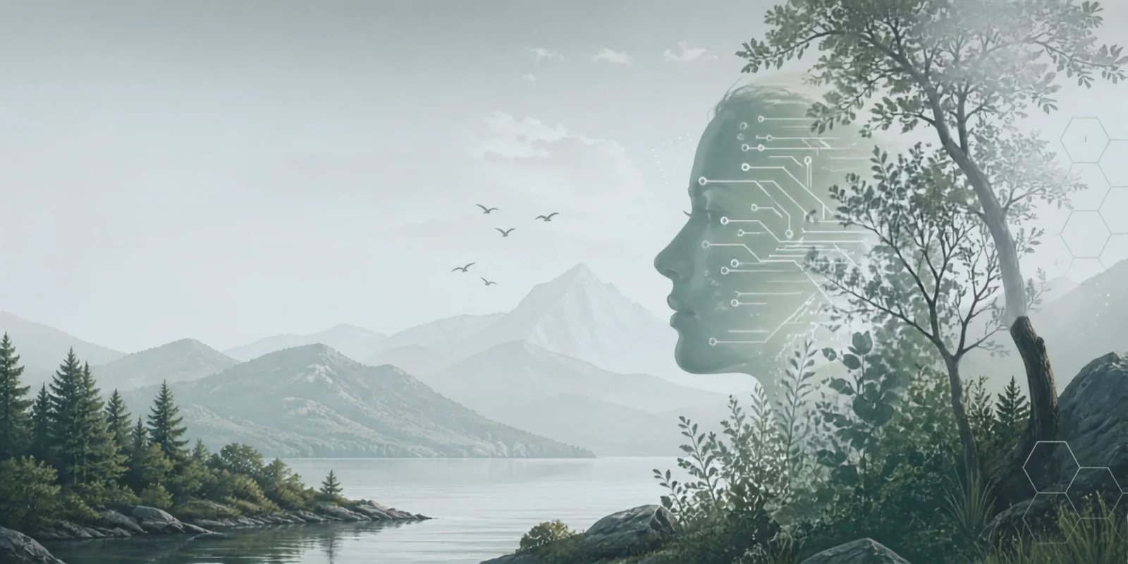 A human profile, natural landscape and subtle digital circuitry